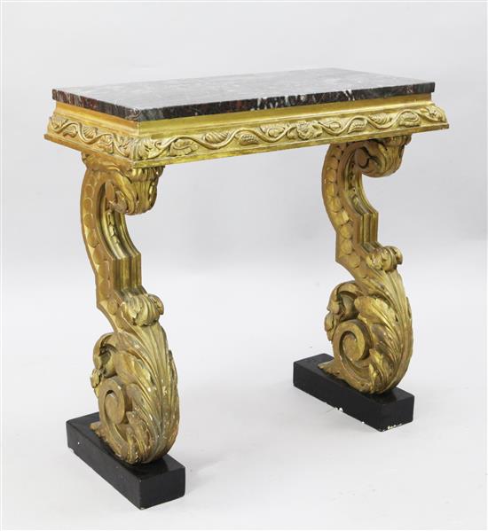 A late 19th century Continental giltwood console table, W.2ft 10in. D.1ft 4in. H.2ft 10in.